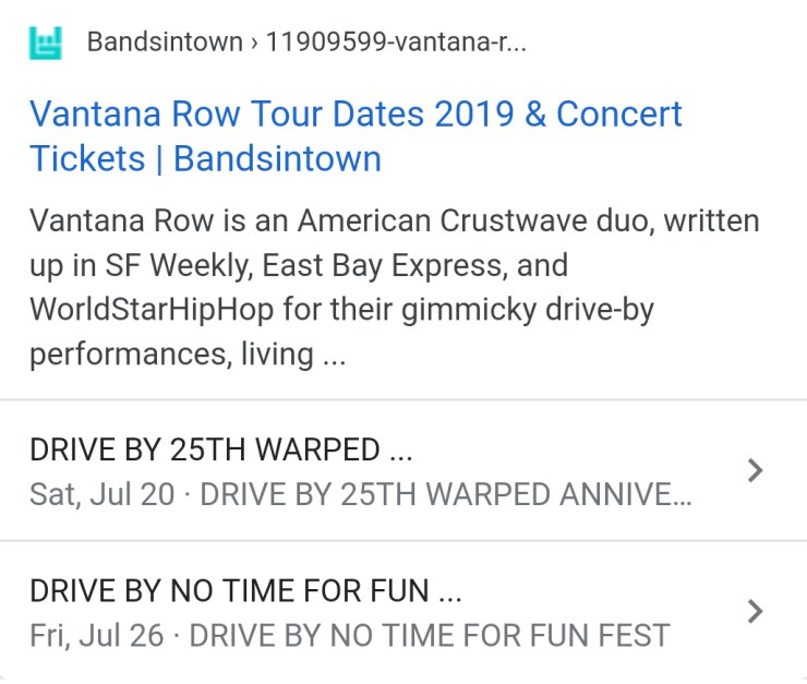 vantana row support bandsintown shows concerts tour dates no time for fun fest van band drive by show warped 25th anniversary
